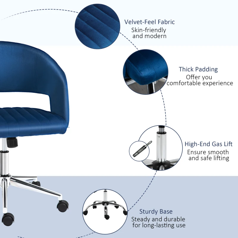 Vinsetto Office Chair Upholstered Open Back Velvet Fabric Swivel Computer Desk Chair with Arms and Adjustable Height, Blue