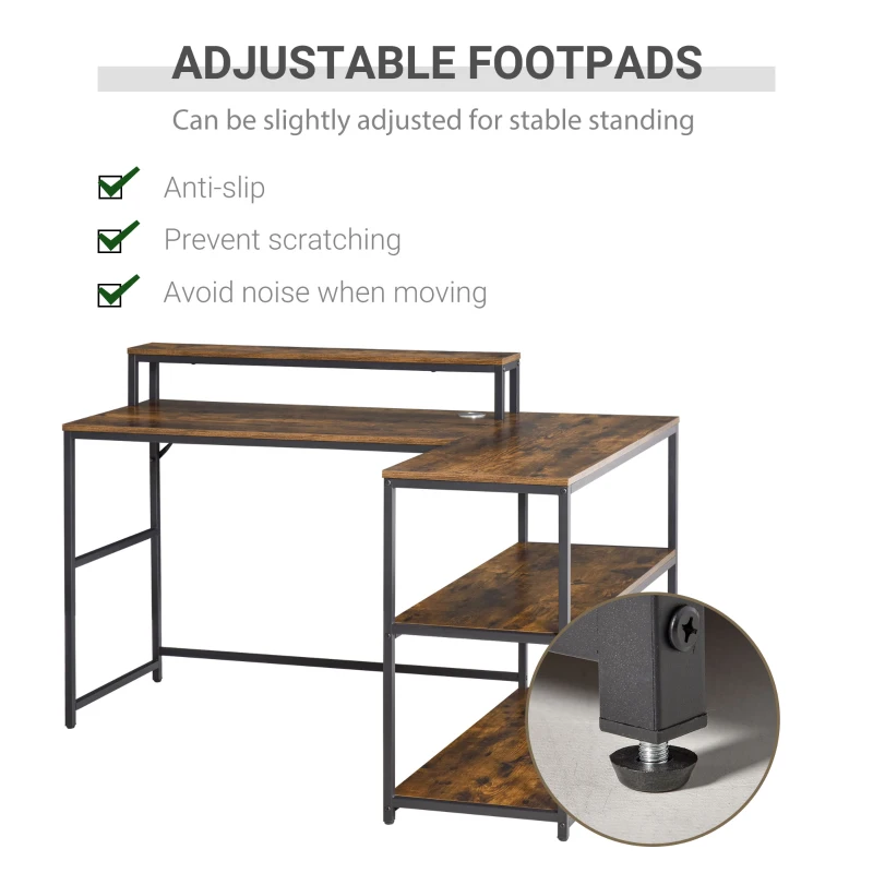 HOMCOM L-Shaped Computer Desk Home Office Corner Desk Study Workstation Table with Storage Shelves Cable Grommet, Rustic Brown