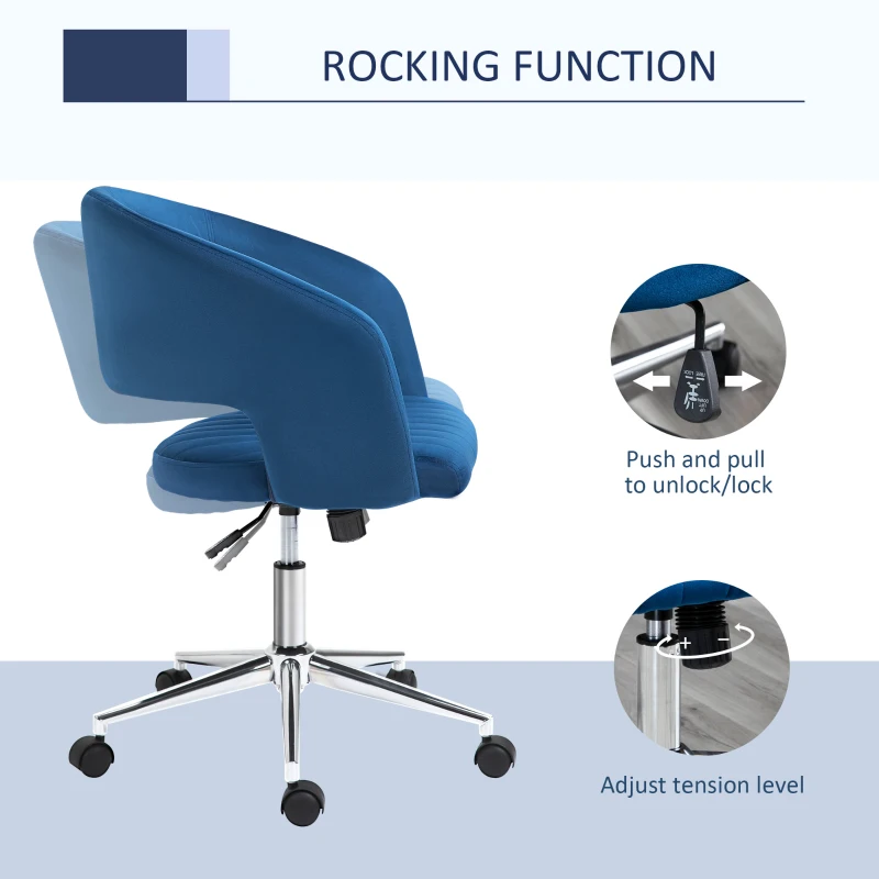 Vinsetto Office Chair Upholstered Open Back Velvet Fabric Swivel Computer Desk Chair with Arms and Adjustable Height, Blue