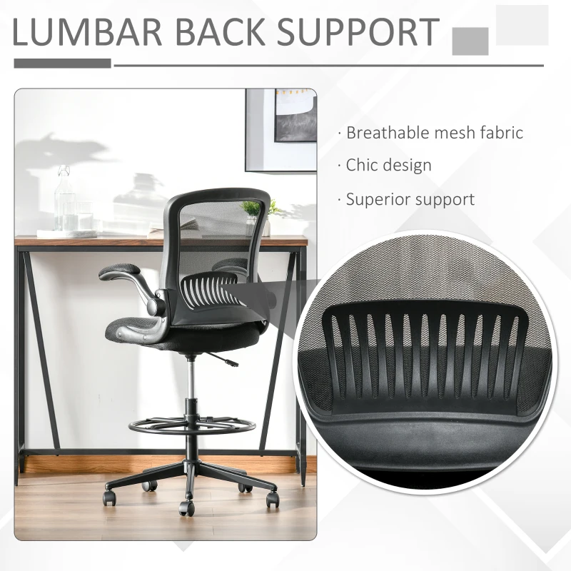 Vinsetto Tall Drafting Desk Chair Office Mesh Standing Chair with Foot Ring, Flip-up Arm, 360° Swivel Wheels, Black