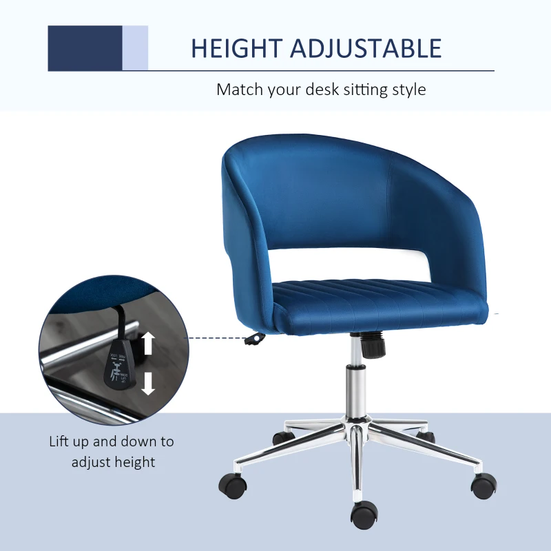 Vinsetto Office Chair Upholstered Open Back Velvet Fabric Swivel Computer Desk Chair with Arms and Adjustable Height, Blue