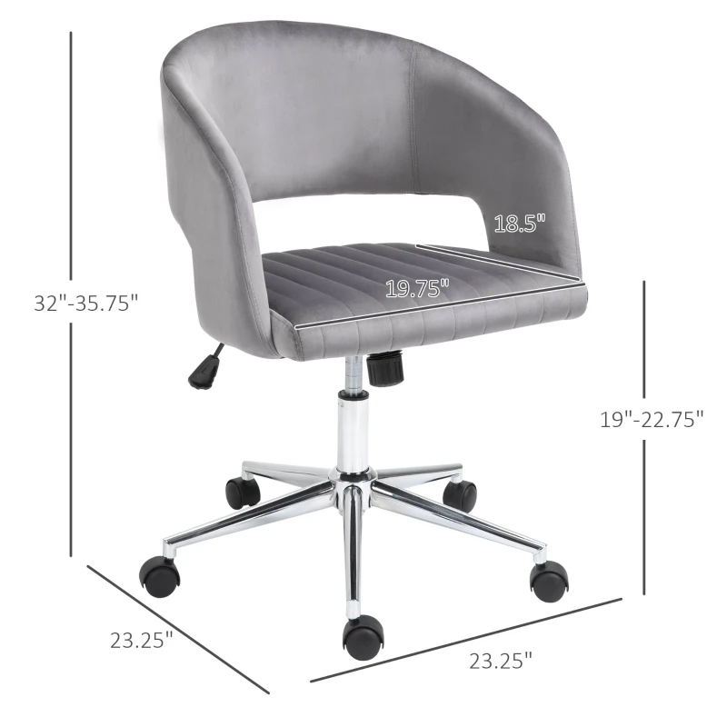 Vinsetto Office Chair Upholstered Open Back Velvet Fabric Swivel Computer Desk Chair with Arms and Adjustable Height, Grey