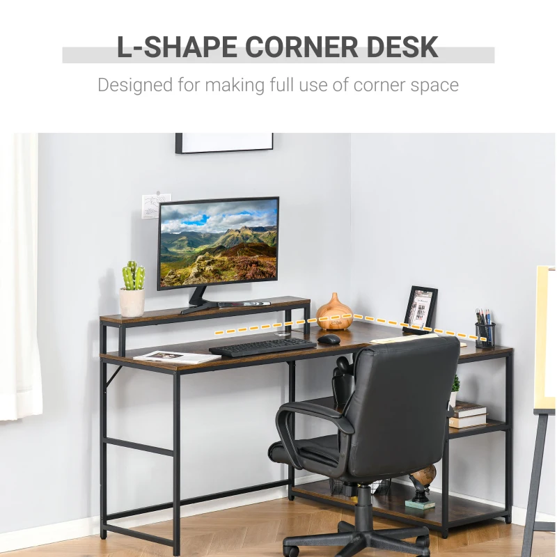 HOMCOM L-Shaped Computer Desk Home Office Corner Desk Study Workstation Table with Storage Shelves Cable Grommet, Rustic Brown