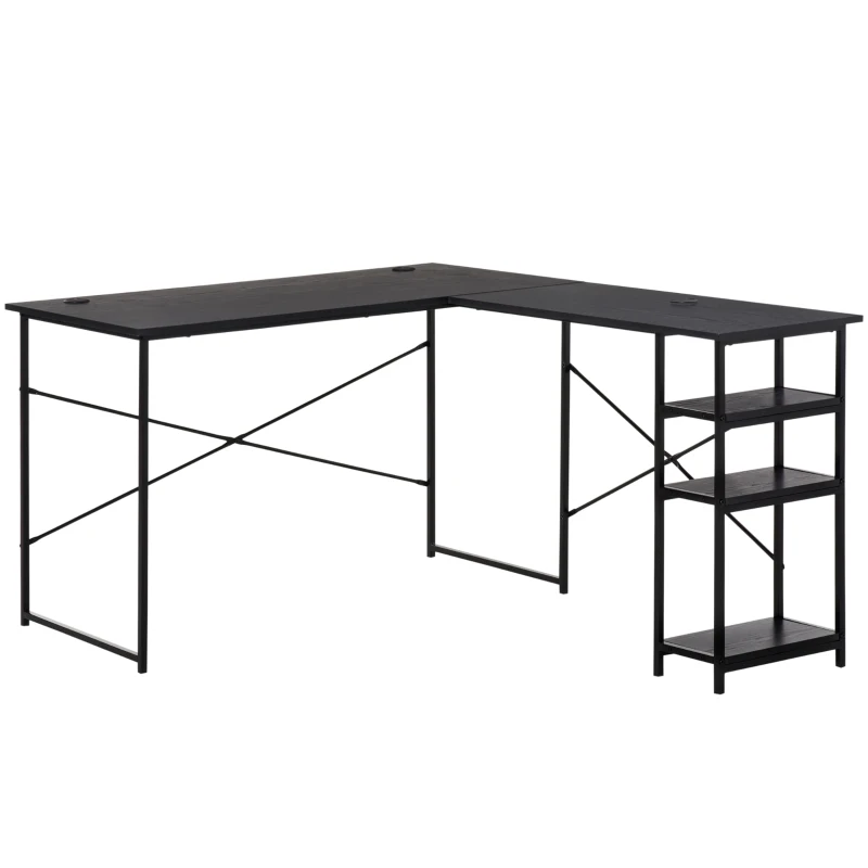 HOMCOM L-Shaped Home Office Desk Corner PC Table Computer Workstation with Storage Shelf, Cord Holes, Black