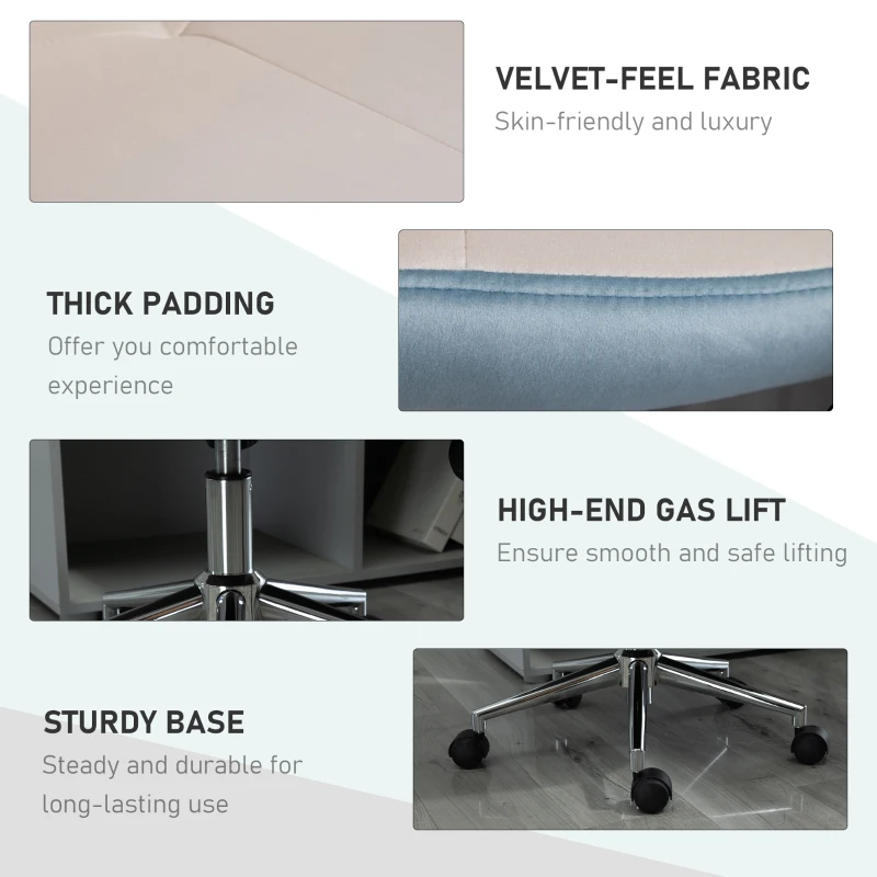 Vinsetto Office Chair Velvet Fabric Leisure Chair Rocking Armless Task Chair with Swivel Wheels Soft Seat Computer Chair for office Work Vanity Table Chair