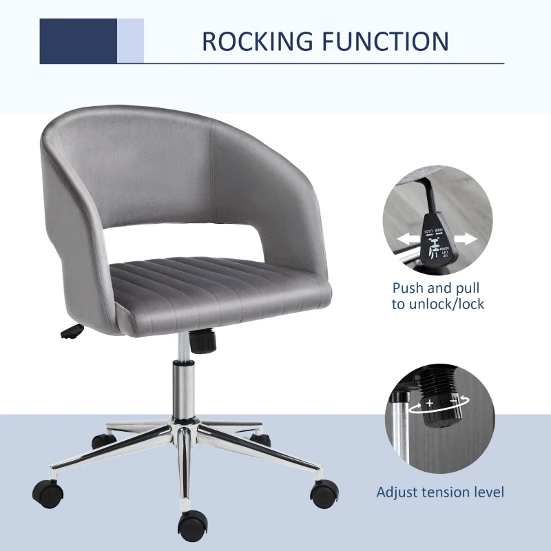 Vinsetto Office Chair Upholstered Open Back Velvet Fabric Swivel Computer Desk Chair with Arms and Adjustable Height, Grey