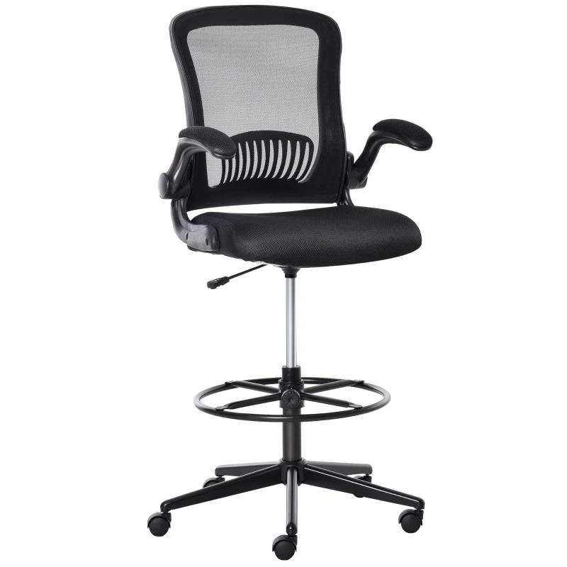Vinsetto Tall Drafting Desk Chair Office Mesh Standing Chair with Foot Ring, Flip-up Arm, 360° Swivel Wheels, Black