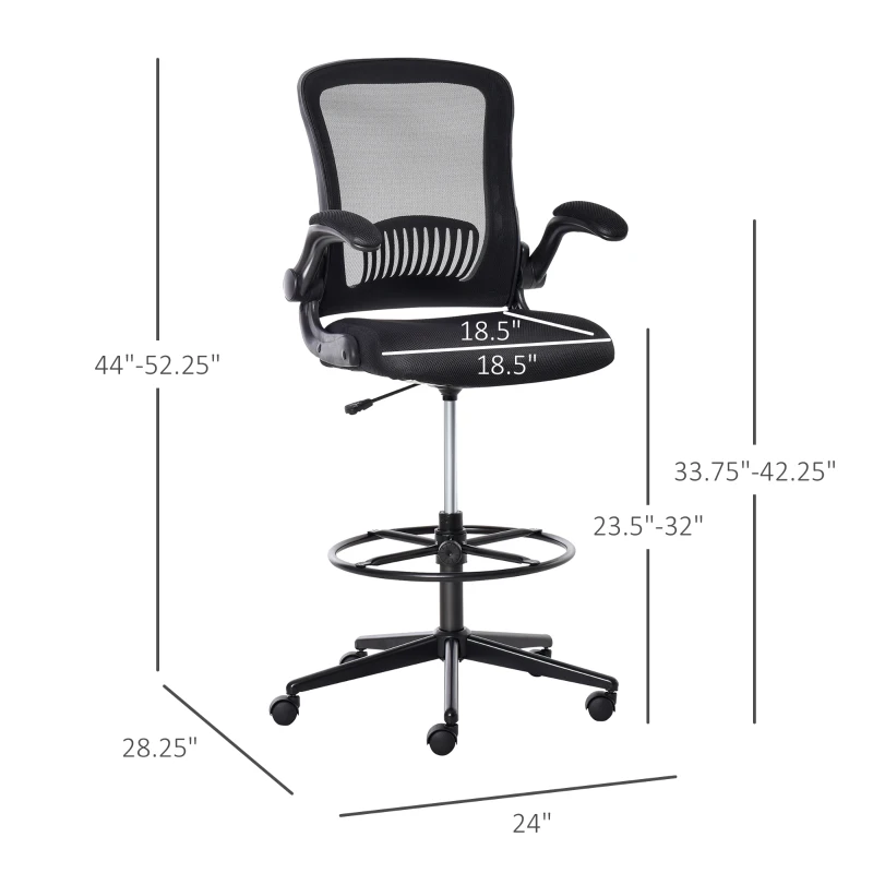 Vinsetto Tall Drafting Desk Chair Office Mesh Standing Chair with Foot Ring, Flip-up Arm, 360° Swivel Wheels, Black