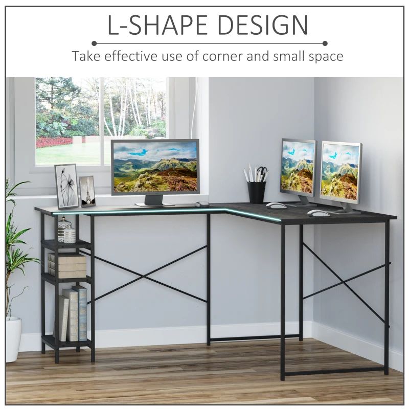HOMCOM L-Shaped Home Office Desk Corner PC Table Computer Workstation with Storage Shelf, Cord Holes, Black