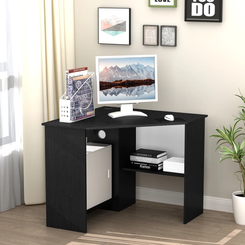 HOMCOM Corner Computer Desk with Storage Shelf, Writing Table Study Workstation for Home Office,Black