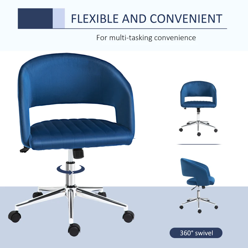 Vinsetto Office Chair Upholstered Open Back Velvet Fabric Swivel Computer Desk Chair with Arms and Adjustable Height, Blue