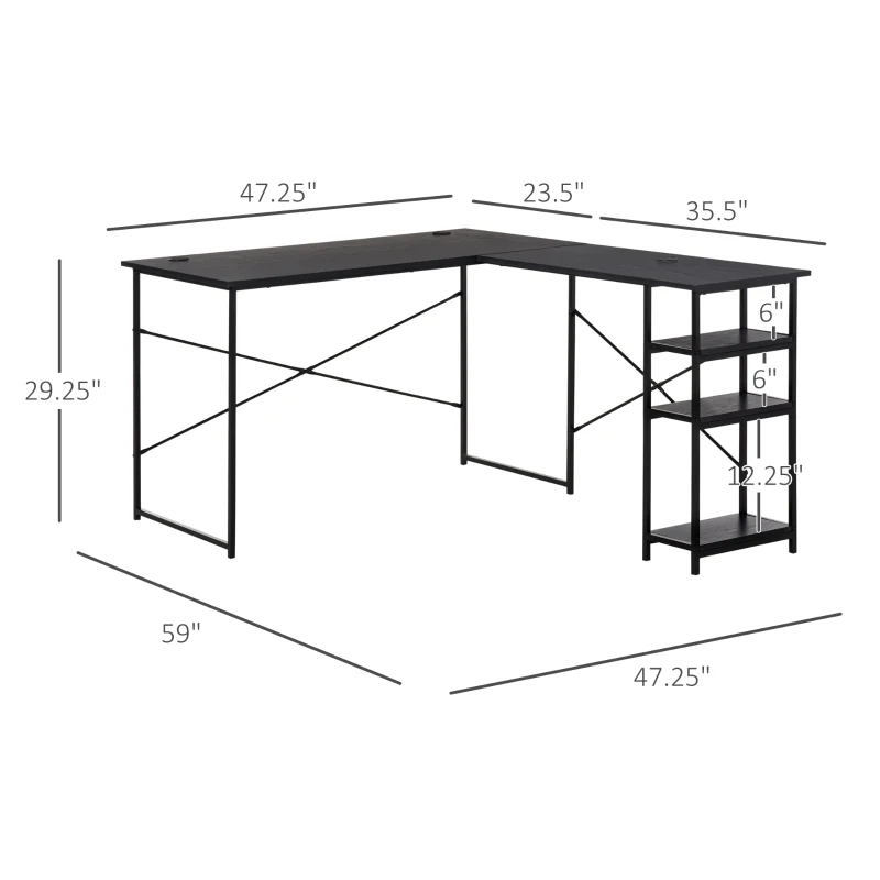 HOMCOM L-Shaped Home Office Desk Corner PC Table Computer Workstation with Storage Shelf, Cord Holes, Black