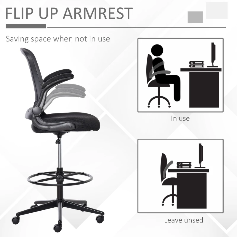 Vinsetto Tall Drafting Desk Chair Office Mesh Standing Chair with Foot Ring, Flip-up Arm, 360° Swivel Wheels, Black