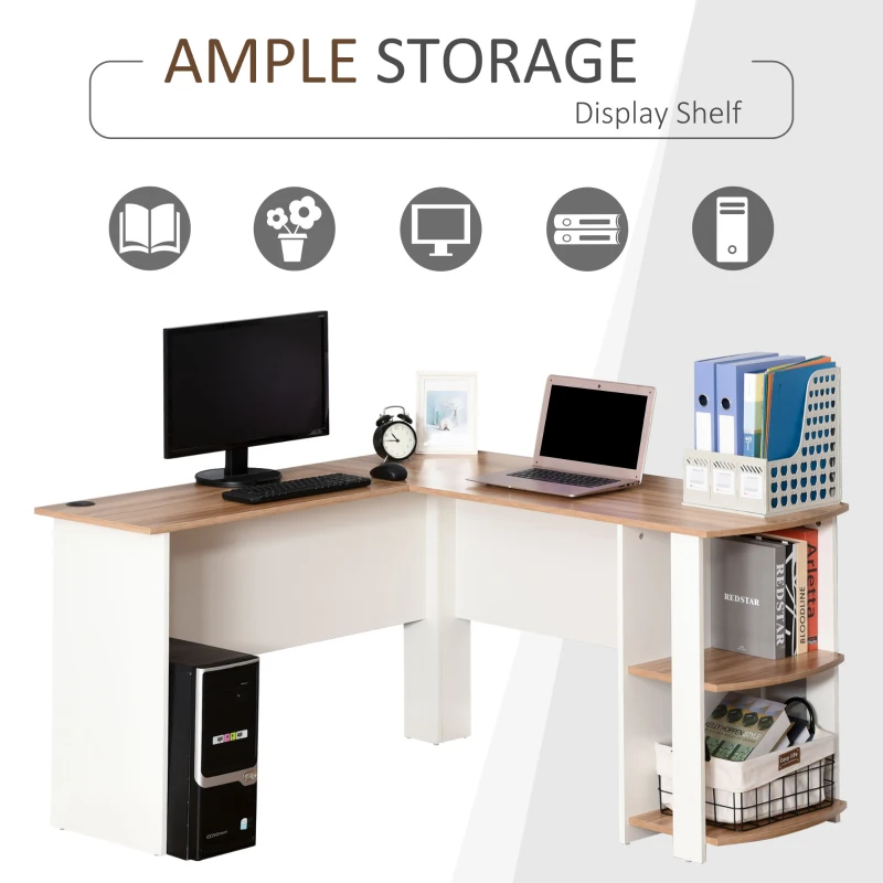 HOMCOM L-Shaped Corner Computer Desk Wood PC Workstation Laptop Table with 2 Storage Shelves Space Saving Home Office Walnut Brown