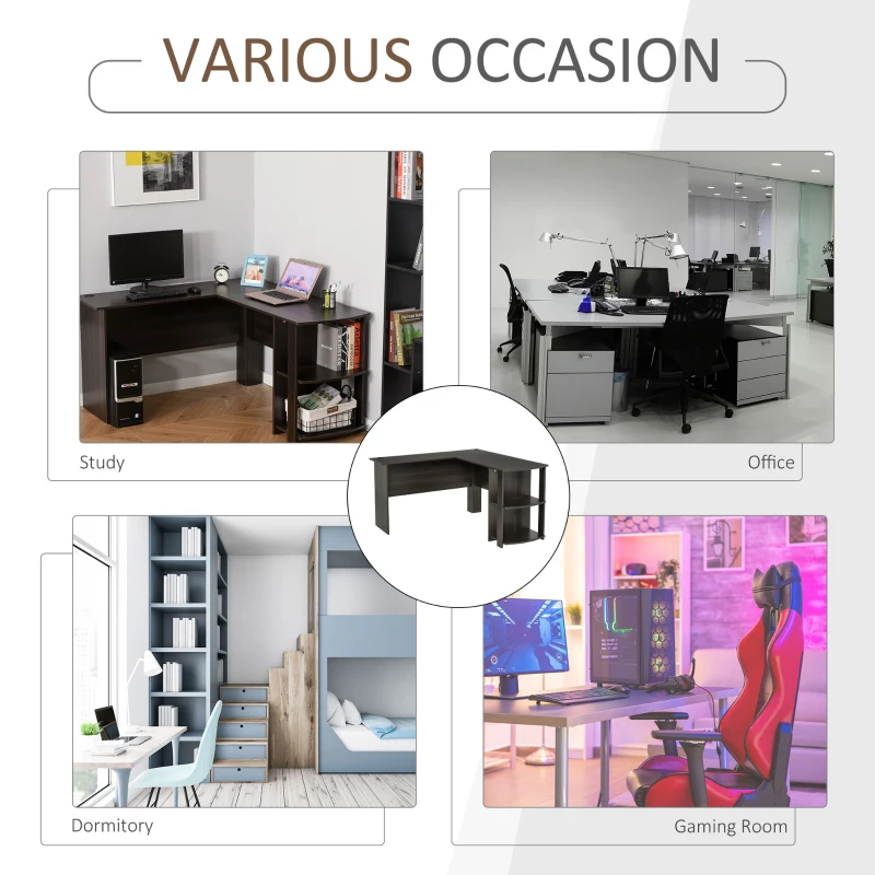 HOMCOM L-Shaped Desk, Computer Corner Desk, PC Table with 2 Storage Shelves, Home Office Workstation, Brown