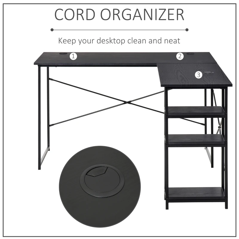 HOMCOM L-Shaped Home Office Desk Corner PC Table Computer Workstation with Storage Shelf, Cord Holes, Black