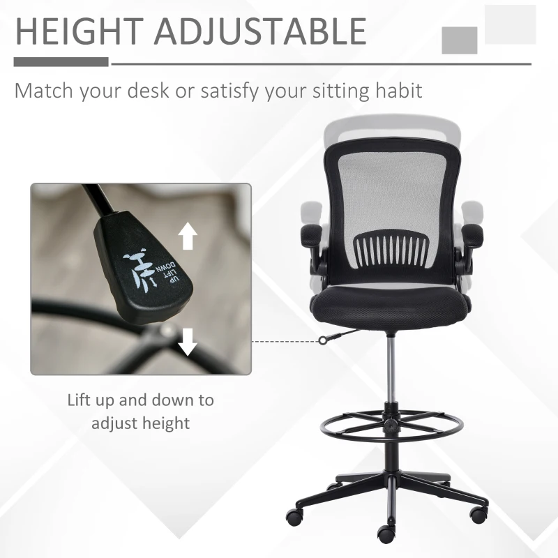 Vinsetto Tall Drafting Desk Chair Office Mesh Standing Chair with Foot Ring, Flip-up Arm, 360° Swivel Wheels, Black