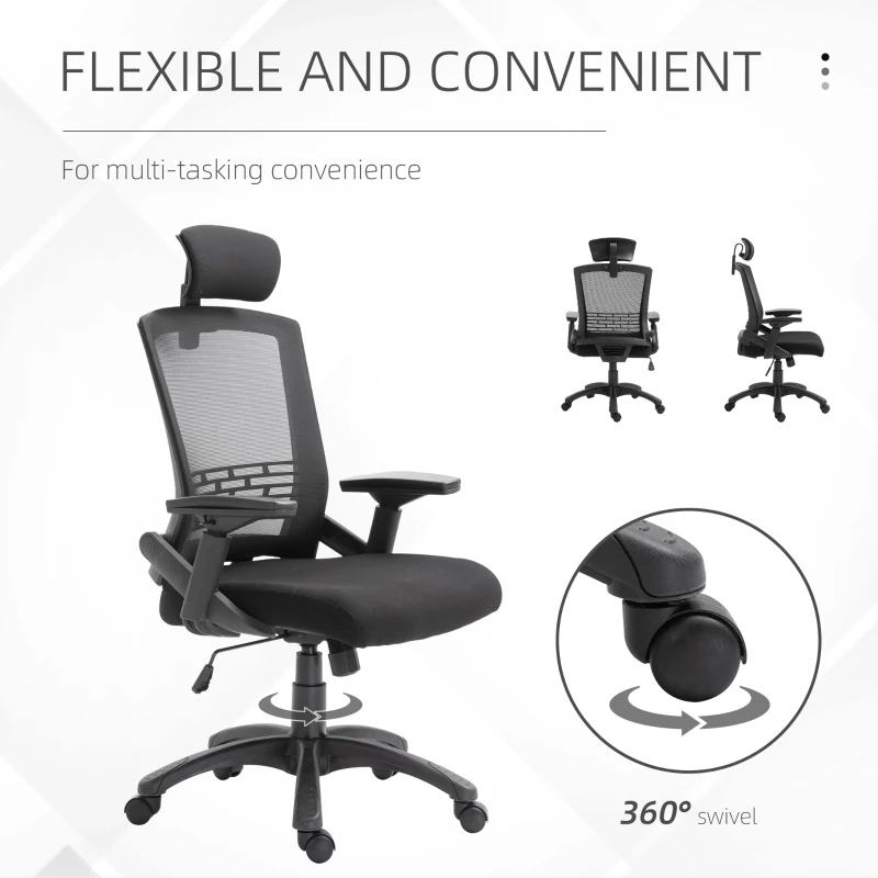 Vinsetto Office Chair Comfortable Mesh Task High Back Adjustable 360° Rotating Seat with Headrest and Armrest Black
