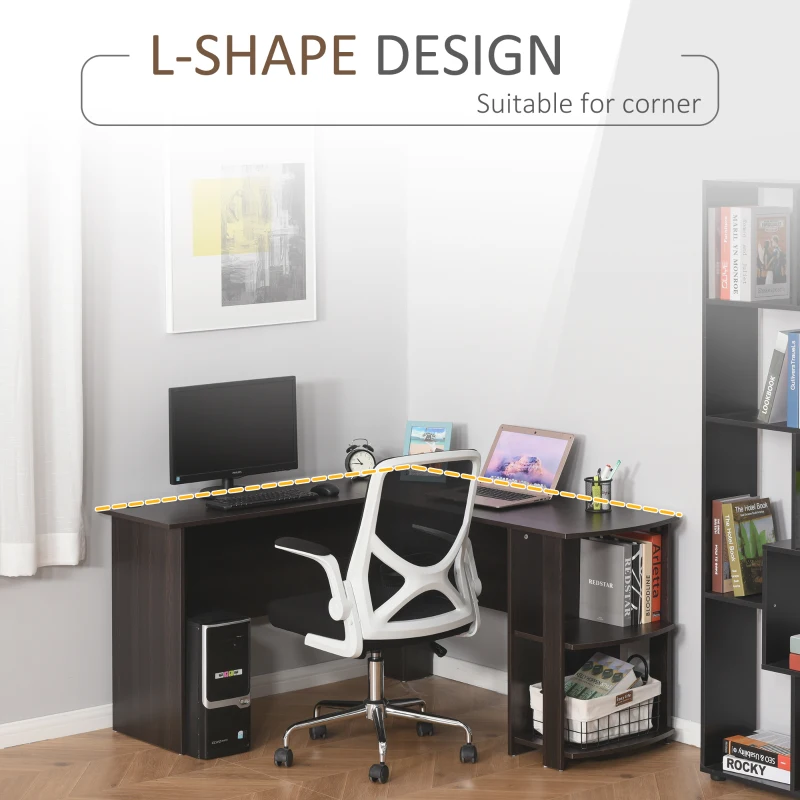 HOMCOM L-Shaped Desk, Computer Corner Desk, PC Table with 2 Storage Shelves, Home Office Workstation, Brown