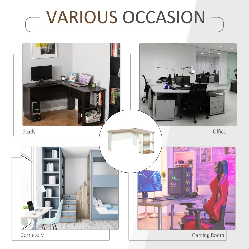 HOMCOM L-Shaped Corner Computer Desk Wood PC Workstation Laptop Table with 2 Storage Shelves Space Saving Home Office Walnut Brown