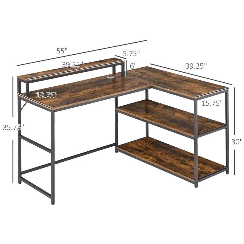 HOMCOM L-Shaped Computer Desk Home Office Corner Desk Study Workstation Table with Storage Shelves Cable Grommet, Rustic Brown