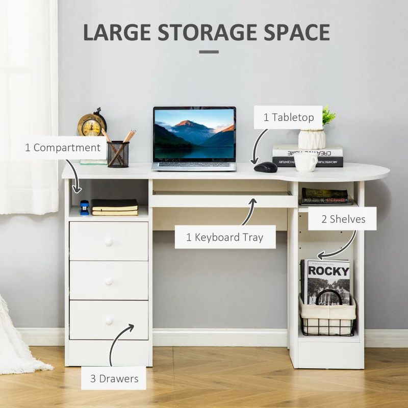 HOMCOM Computer Desk with Storage, Home Office Laptop Table with Shelves and Drawers, Modern Workstation Desk with Keyboard Tray for Study, Living Room, White