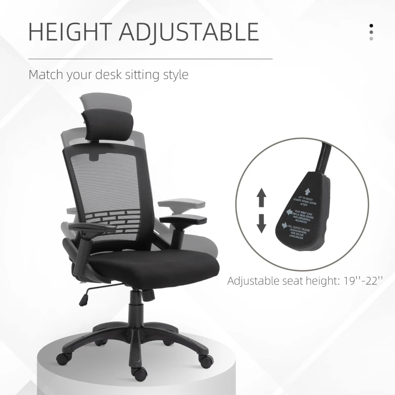 Vinsetto Office Chair Comfortable Mesh Task High Back Adjustable 360° Rotating Seat with Headrest and Armrest Black