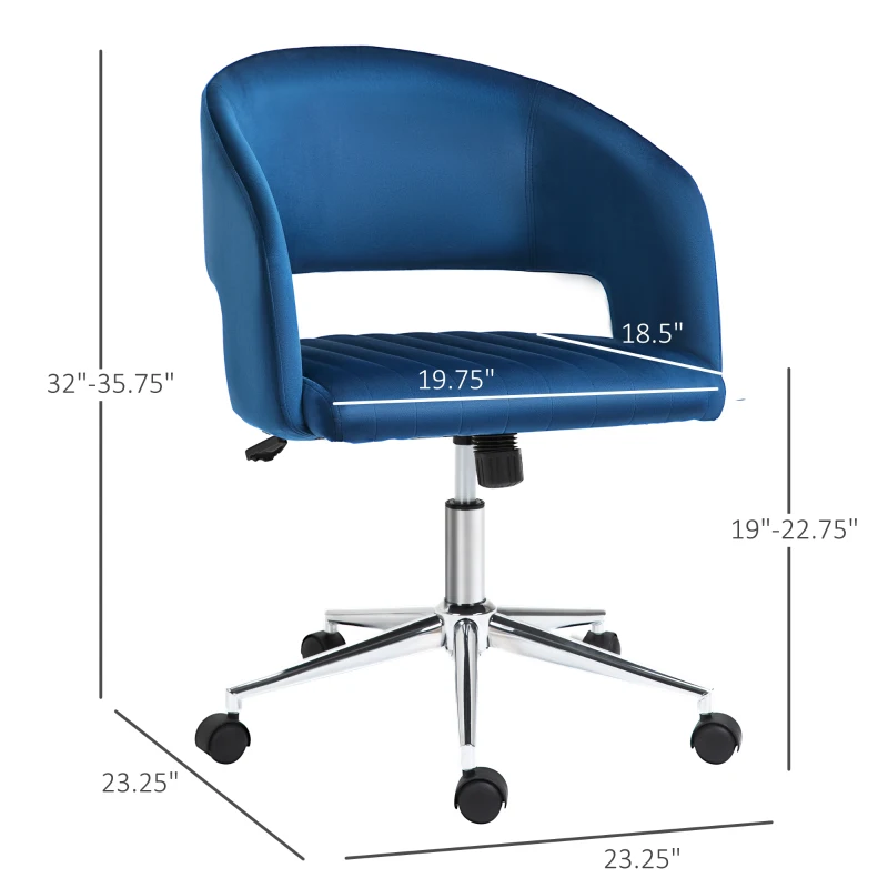 Vinsetto Office Chair Upholstered Open Back Velvet Fabric Swivel Computer Desk Chair with Arms and Adjustable Height, Blue