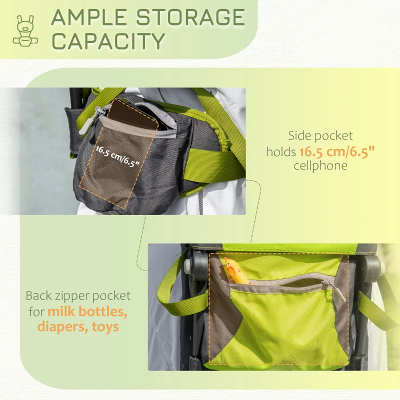 Qaba Baby Shoulder Carrier with Collapsible Fold-Up Design, Baby Hiking Backpack Carrier with Adjustable Waist Belt, Safety Belts, Storage Pockets, Baby Holder for Walking, 6-36 Months