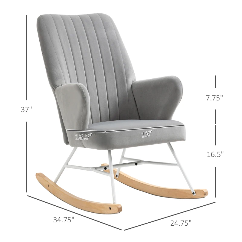 HOMCOM Accent Rocking Chairs, Upholstered Nursery Glider Rocker, Modern Armchair, Wingback Chair for Living Room and Bedroom, Grey
