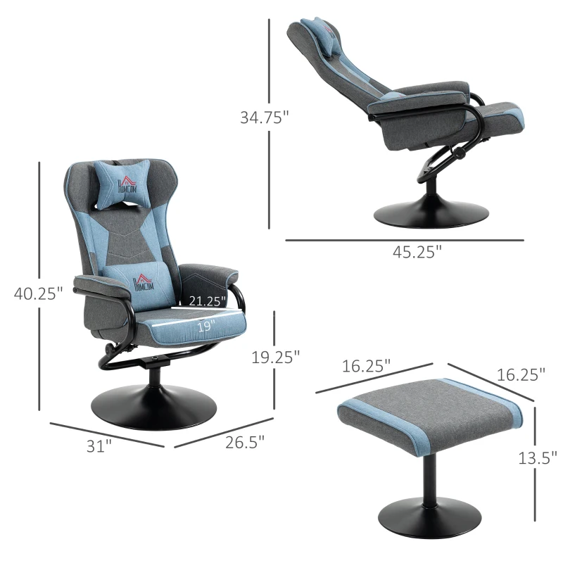 HOMCOM Recliner Chair with Ottoman, Video Gaming Chair, Racing Style Upholstered Swivel Recliner with Footrest, Headrest and Lumbar Support, Grey and Blue