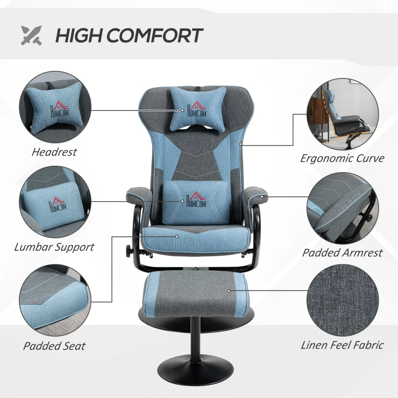 HOMCOM Recliner Chair with Ottoman, Video Gaming Chair, Racing Style Upholstered Swivel Recliner with Footrest, Headrest and Lumbar Support, Grey and Blue
