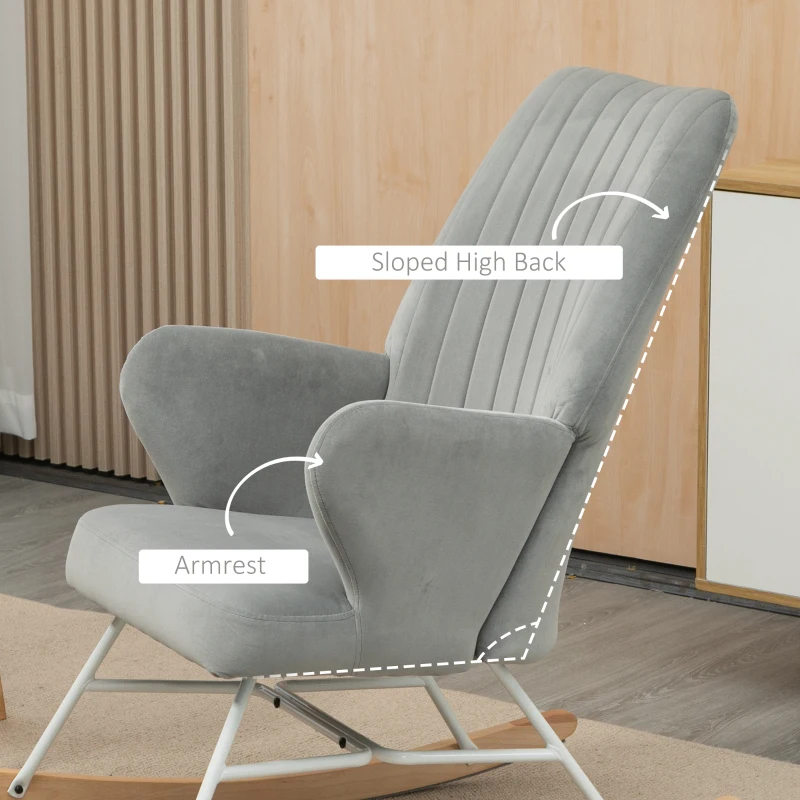 HOMCOM Accent Rocking Chairs, Upholstered Nursery Glider Rocker, Modern Armchair, Wingback Chair for Living Room and Bedroom, Grey