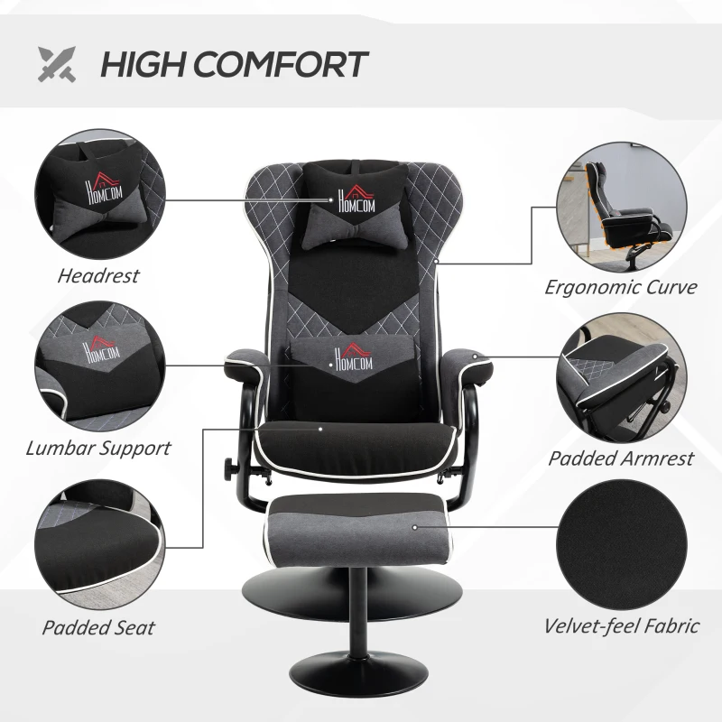 HOMCOM Recliner Chair with Ottoman, Velvet Upholstered Video Gaming Chair, Racing Styled Swivel Recliner with Footrest, Headrest and Lumbar Support, Grey and Black