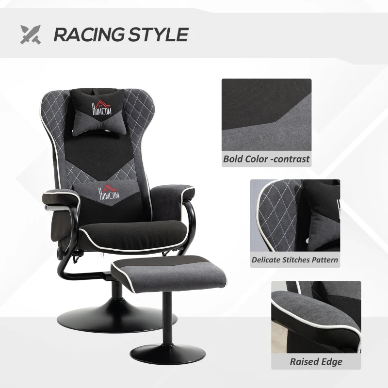 HOMCOM Recliner Chair with Ottoman, Velvet Upholstered Video Gaming Chair, Racing Styled Swivel Recliner with Footrest, Headrest and Lumbar Support, Grey and Black