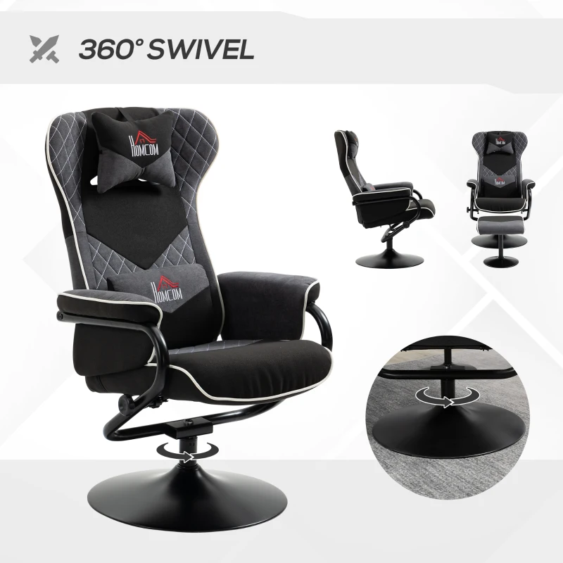 HOMCOM Recliner Chair with Ottoman, Velvet Upholstered Video Gaming Chair, Racing Styled Swivel Recliner with Footrest, Headrest and Lumbar Support, Grey and Black