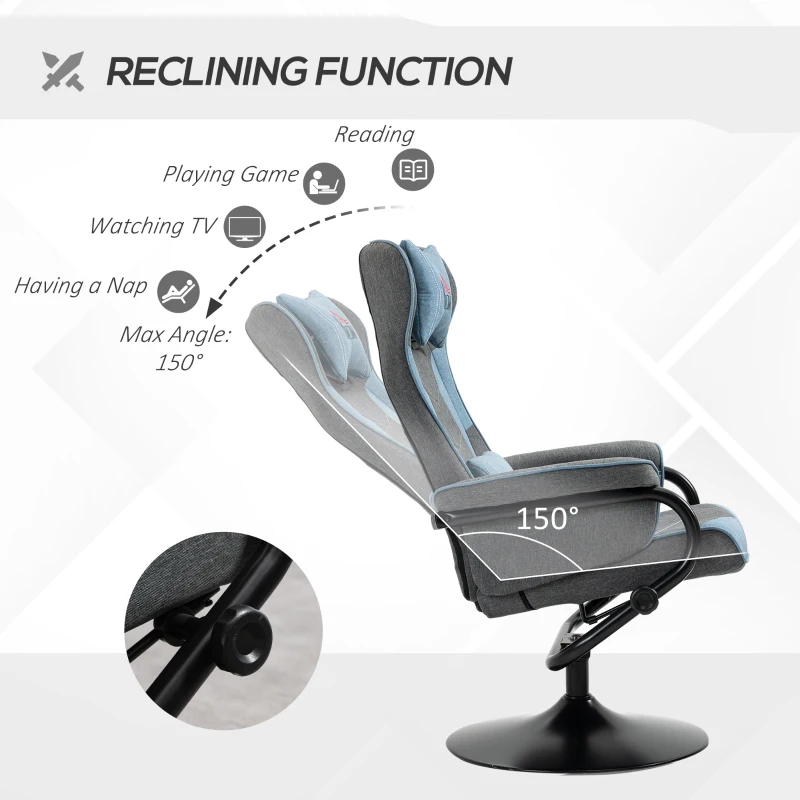 HOMCOM Recliner Chair with Ottoman, Video Gaming Chair, Racing Style Upholstered Swivel Recliner with Footrest, Headrest and Lumbar Support, Grey and Blue