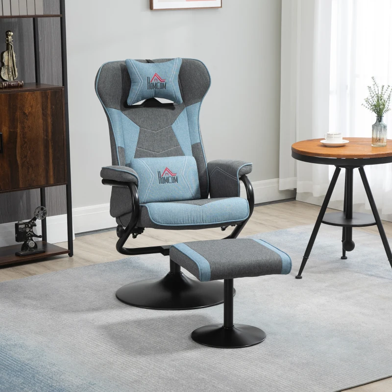 HOMCOM Recliner Chair with Ottoman, Video Gaming Chair, Racing Style Upholstered Swivel Recliner with Footrest, Headrest and Lumbar Support, Grey and Blue