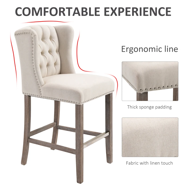HOMCOM Counter Height Bar Stools Set of 2, Upholstered Bar Chairs with Nailhead Backrest and Footrest, Modern Barstools for Kitchen, Dining Room, Beige