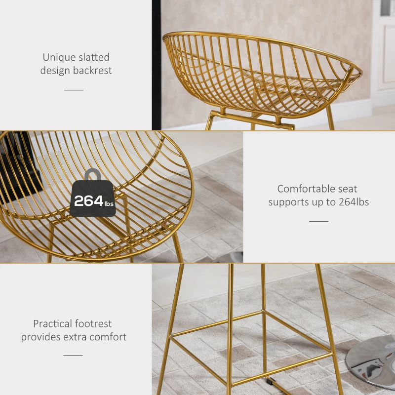 HOMCOM Counter Bar stools Set of 2, Modern Tall Bar Chairs for Kitchen with Backrest and Footrest, Steel Frame, Gold