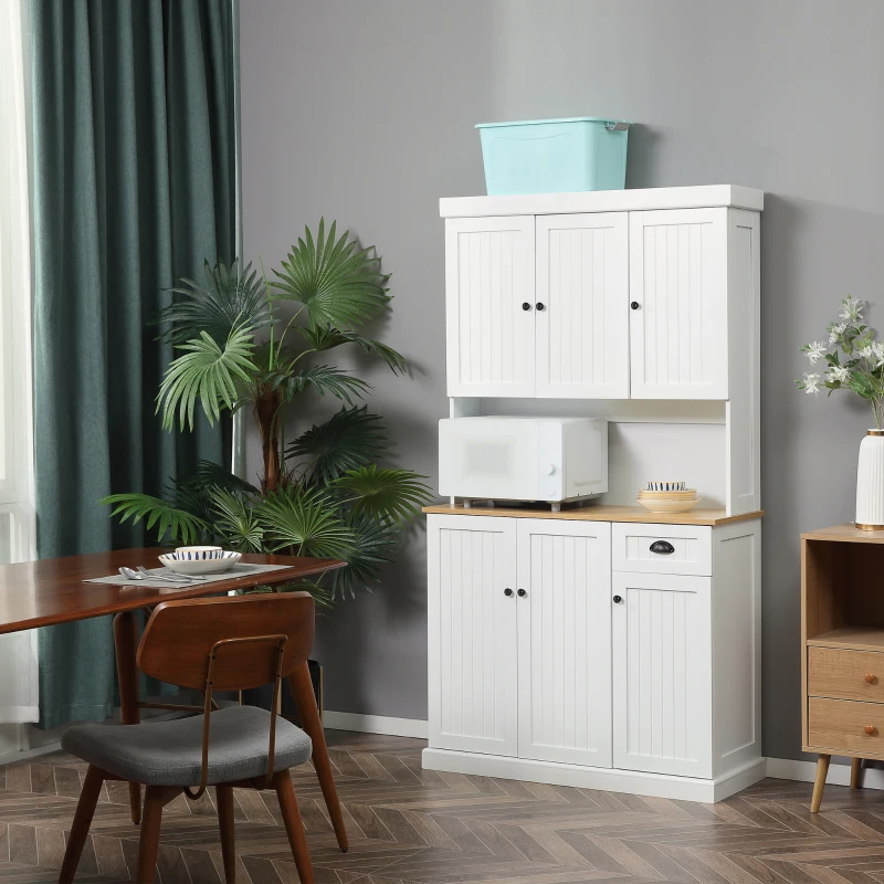 HOMCOM 70.75" Kitchen Pantry Cabinet with Hutch Storage Cabinet Microwave Oven Stand with Drawer, White/Oak