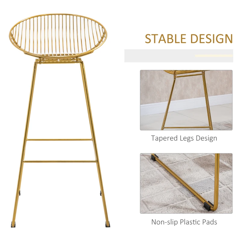 HOMCOM Counter Bar stools Set of 2, Modern Tall Bar Chairs for Kitchen with Backrest and Footrest, Steel Frame, Gold