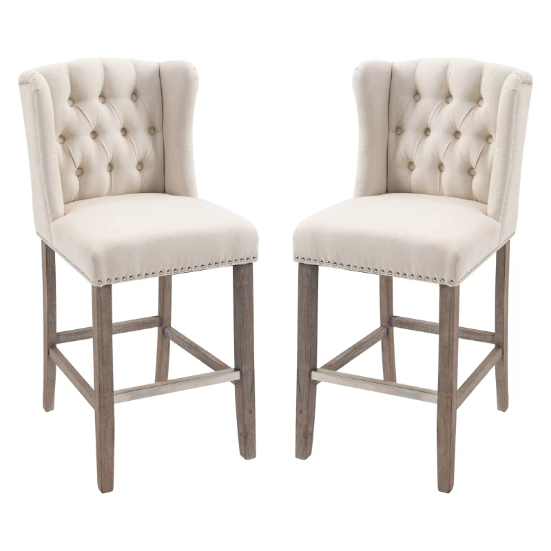 HOMCOM Counter Height Bar Stools Set of 2, Upholstered Bar Chairs with Nailhead Backrest and Footrest, Modern Barstools for Kitchen, Dining Room, Beige