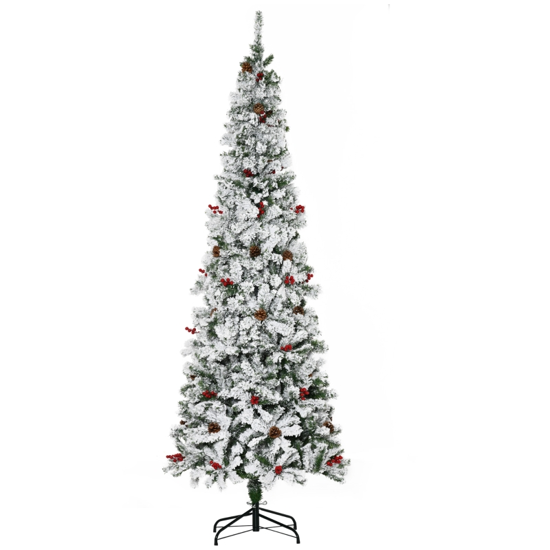 HOMCOM 7.5ft Pencil Snow Flocked Artificial Christmas Tree with 950 Pine Realistic Branches, Pine Cones, Red Berries, Auto Open, Green