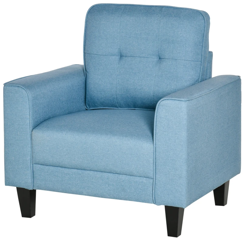 HOMCOM Button Tufted Armchair Modern Single Sofa Chair Upholstered Accent Chair with Rubber Wood Legs and Thick Padding Mid-Back for Living Room and Bedroom, Light Blue