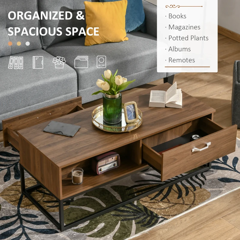 HOMCOM Industrial Coffee Table with Storage Shelves, Drawers, Rectangular Accent Cocktail Table for Living Room, Brown