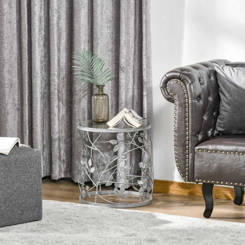 HOMCOM Tempered Glass Coffee Table Accent Side End Table with Vintage Style, Steel Frame for Living Room, Bedroom, Study, No Assembly Required, Grey