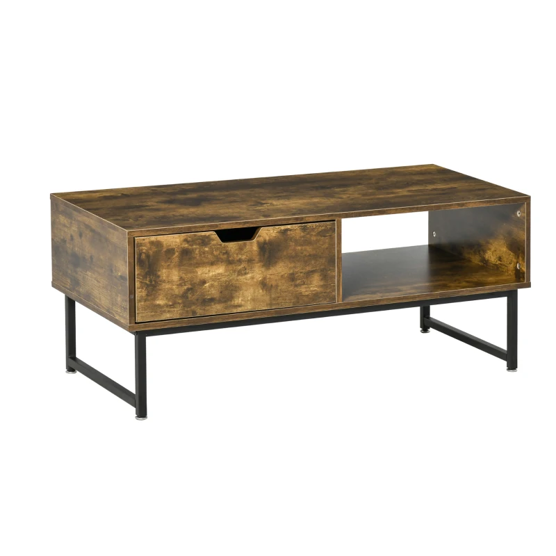 HOMCOM Industrial Coffee Table, Center Table with Drawer and Open Storage Compartment, Steel Legs, for Living Room, Rustic Brown