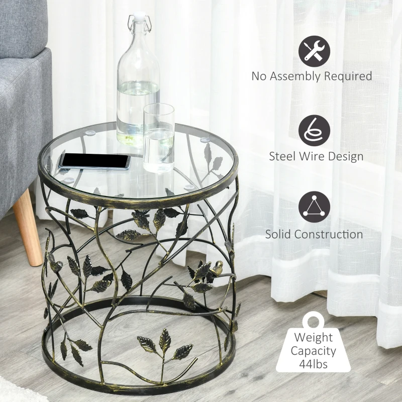 HOMCOM Tempered Glass Coffee Table Accent Side End Table with Vintage Style, Steel Frame for Living Room, Bedroom, Study, No Assembly Required, Bronze