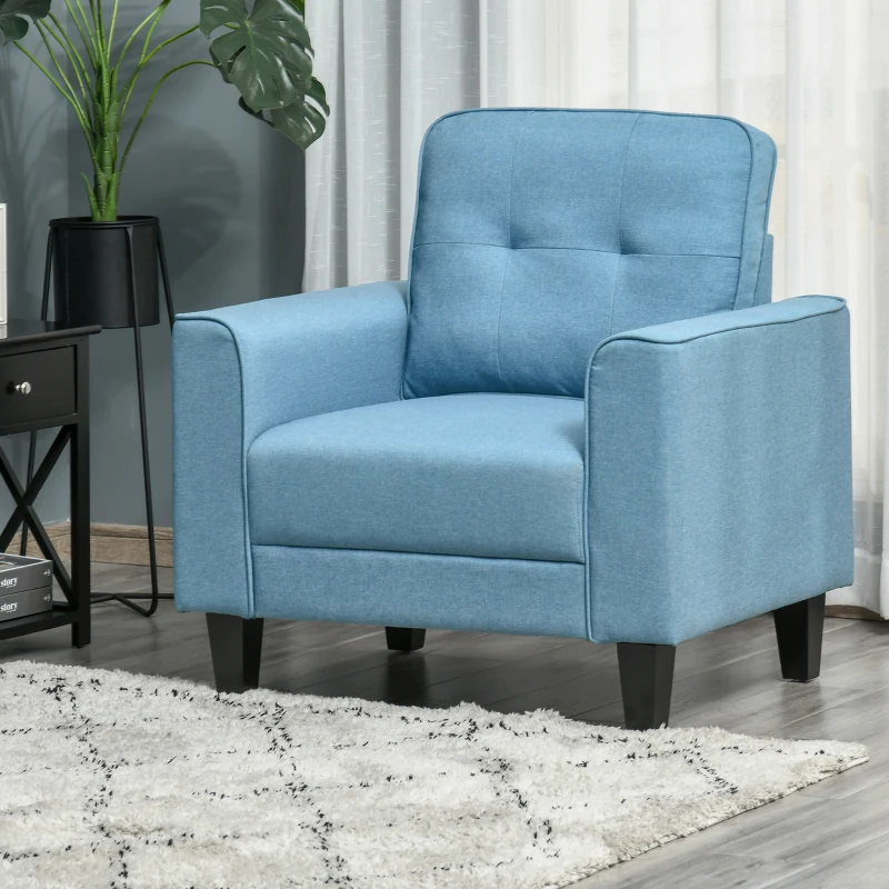 HOMCOM Button Tufted Armchair Modern Single Sofa Chair Upholstered Accent Chair with Rubber Wood Legs and Thick Padding Mid-Back for Living Room and Bedroom, Light Blue